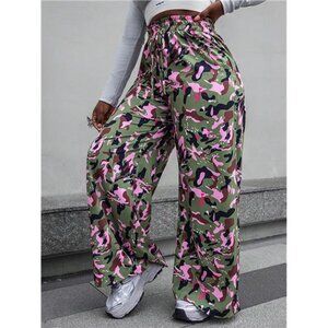 Loose Fit Casual Camo & Polka Dot High Waisted Straight Leg Pants